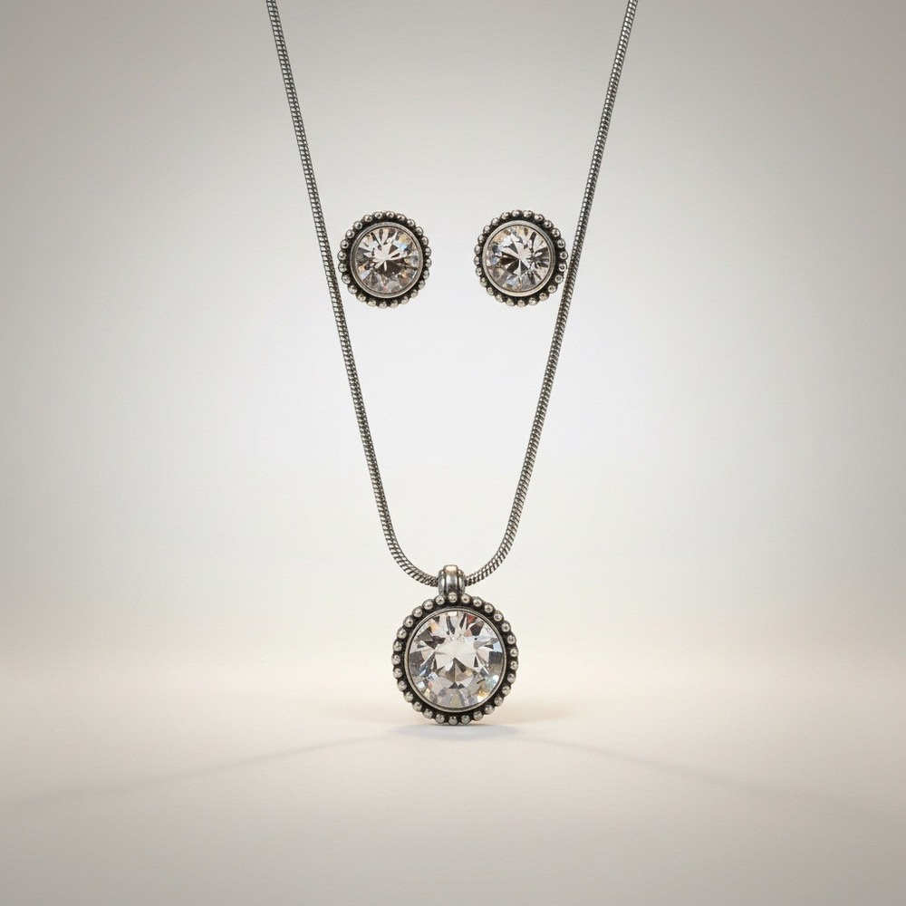 Brighton‎ Silver Tone Crystal Pendant Snake Chain Necklace & Earrings Set